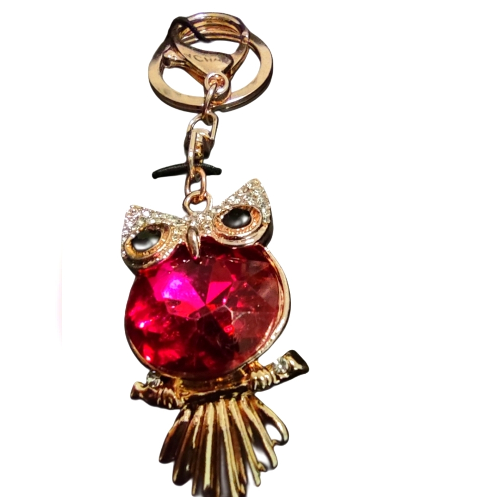 Elegant Owl Pendant Keychain in Gold and Red Figaro NIB